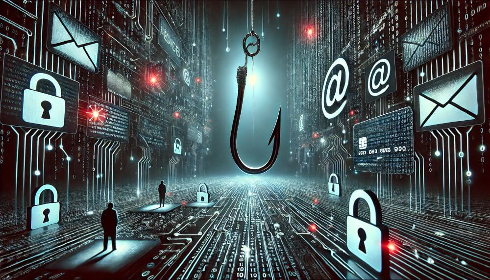 DALL·E 2024-11-26 09.09.56 - A conceptual digital artwork depicting the concept of cyber scams, designed as a wide landscape header image. The scene features a dark, abstract digi